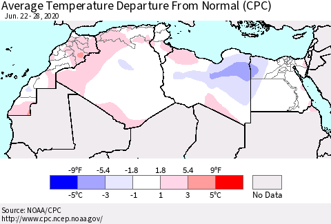 North Africa Average Temperature Departure from Normal (CPC) Thematic Map For 6/22/2020 - 6/28/2020