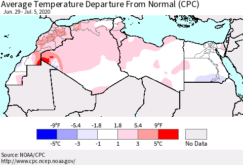 North Africa Average Temperature Departure from Normal (CPC) Thematic Map For 6/29/2020 - 7/5/2020