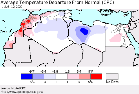 North Africa Average Temperature Departure from Normal (CPC) Thematic Map For 7/6/2020 - 7/12/2020