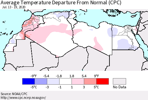 North Africa Average Temperature Departure from Normal (CPC) Thematic Map For 7/13/2020 - 7/19/2020