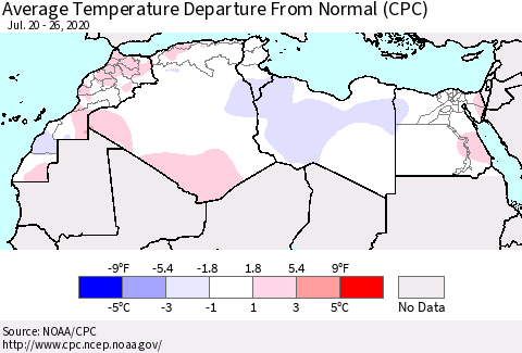 North Africa Average Temperature Departure from Normal (CPC) Thematic Map For 7/20/2020 - 7/26/2020