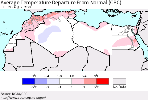 North Africa Average Temperature Departure from Normal (CPC) Thematic Map For 7/27/2020 - 8/2/2020