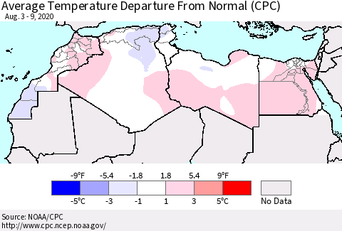 North Africa Average Temperature Departure from Normal (CPC) Thematic Map For 8/3/2020 - 8/9/2020