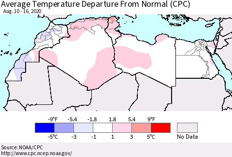 North Africa Average Temperature Departure from Normal (CPC) Thematic Map For 8/10/2020 - 8/16/2020