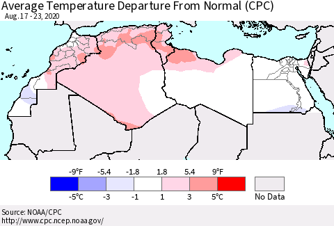 North Africa Average Temperature Departure from Normal (CPC) Thematic Map For 8/17/2020 - 8/23/2020
