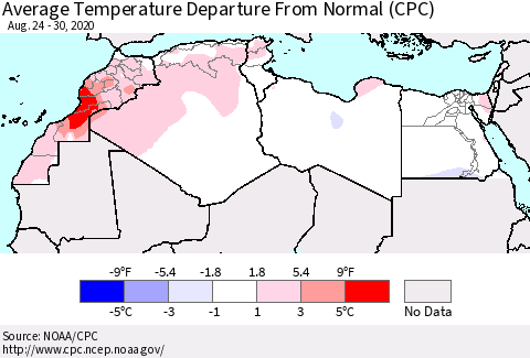 North Africa Average Temperature Departure from Normal (CPC) Thematic Map For 8/24/2020 - 8/30/2020