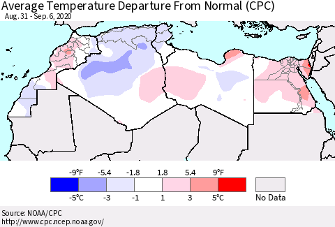 North Africa Average Temperature Departure from Normal (CPC) Thematic Map For 8/31/2020 - 9/6/2020