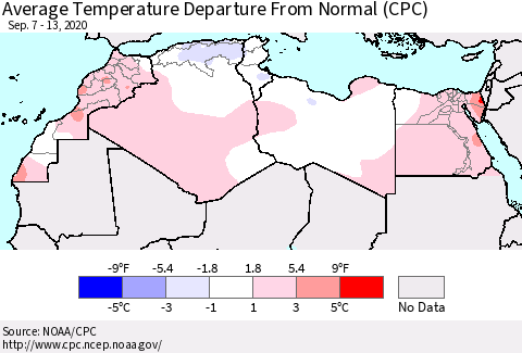 North Africa Average Temperature Departure from Normal (CPC) Thematic Map For 9/7/2020 - 9/13/2020
