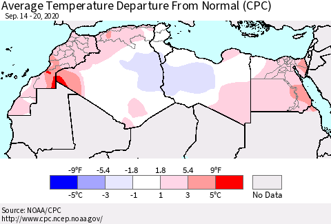 North Africa Average Temperature Departure from Normal (CPC) Thematic Map For 9/14/2020 - 9/20/2020
