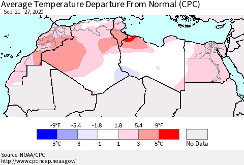 North Africa Average Temperature Departure from Normal (CPC) Thematic Map For 9/21/2020 - 9/27/2020