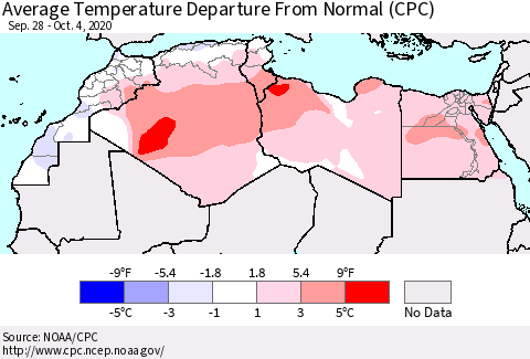 North Africa Average Temperature Departure from Normal (CPC) Thematic Map For 9/28/2020 - 10/4/2020