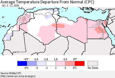 North Africa Average Temperature Departure from Normal (CPC) Thematic Map For 10/5/2020 - 10/11/2020