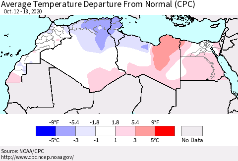 North Africa Average Temperature Departure from Normal (CPC) Thematic Map For 10/12/2020 - 10/18/2020