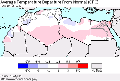 North Africa Average Temperature Departure from Normal (CPC) Thematic Map For 10/19/2020 - 10/25/2020