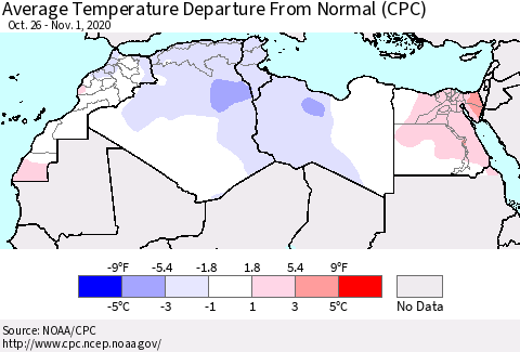North Africa Average Temperature Departure from Normal (CPC) Thematic Map For 10/26/2020 - 11/1/2020