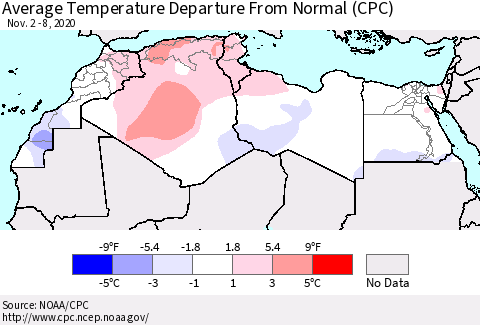 North Africa Average Temperature Departure from Normal (CPC) Thematic Map For 11/2/2020 - 11/8/2020
