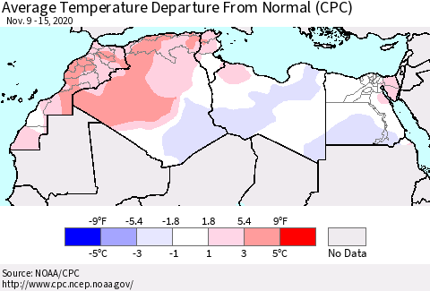 North Africa Average Temperature Departure from Normal (CPC) Thematic Map For 11/9/2020 - 11/15/2020
