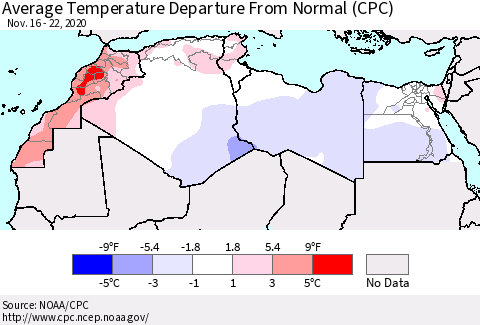 North Africa Average Temperature Departure from Normal (CPC) Thematic Map For 11/16/2020 - 11/22/2020
