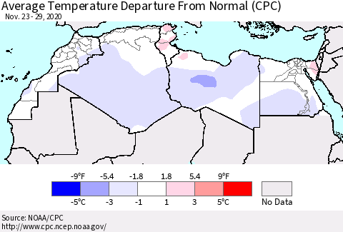 North Africa Average Temperature Departure from Normal (CPC) Thematic Map For 11/23/2020 - 11/29/2020