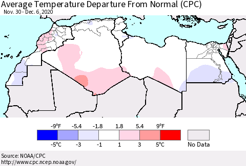 North Africa Average Temperature Departure from Normal (CPC) Thematic Map For 11/30/2020 - 12/6/2020