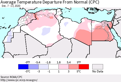 North Africa Average Temperature Departure from Normal (CPC) Thematic Map For 12/7/2020 - 12/13/2020