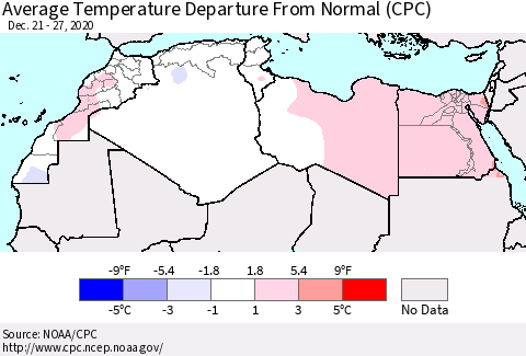 North Africa Average Temperature Departure from Normal (CPC) Thematic Map For 12/21/2020 - 12/27/2020