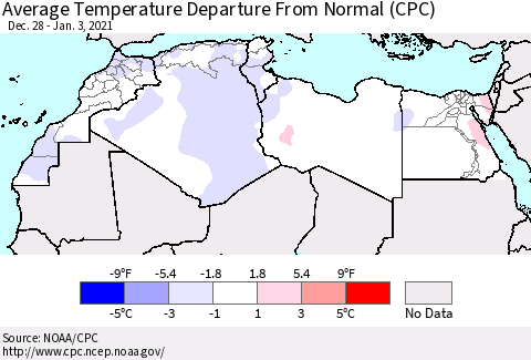 North Africa Average Temperature Departure from Normal (CPC) Thematic Map For 12/28/2020 - 1/3/2021