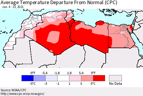 North Africa Average Temperature Departure from Normal (CPC) Thematic Map For 1/4/2021 - 1/10/2021