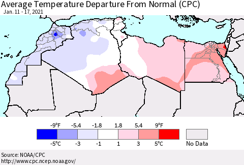 North Africa Average Temperature Departure from Normal (CPC) Thematic Map For 1/11/2021 - 1/17/2021