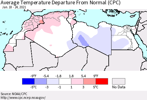 North Africa Average Temperature Departure from Normal (CPC) Thematic Map For 1/18/2021 - 1/24/2021
