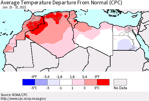 North Africa Average Temperature Departure from Normal (CPC) Thematic Map For 1/25/2021 - 1/31/2021