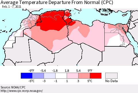 North Africa Average Temperature Departure from Normal (CPC) Thematic Map For 2/1/2021 - 2/7/2021