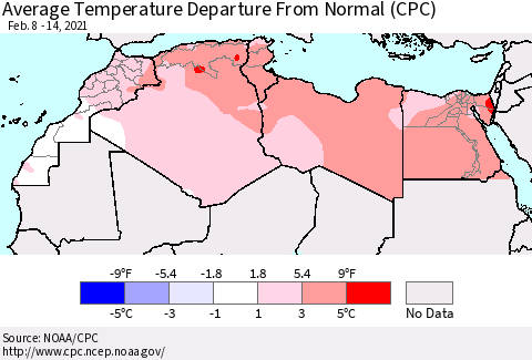 North Africa Average Temperature Departure from Normal (CPC) Thematic Map For 2/8/2021 - 2/14/2021