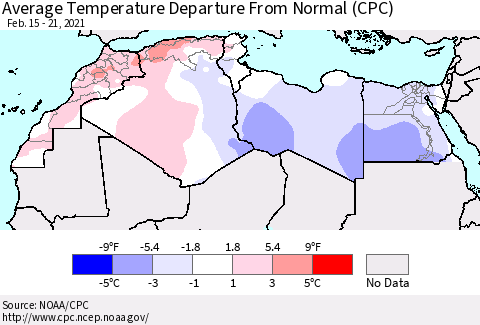 North Africa Average Temperature Departure from Normal (CPC) Thematic Map For 2/15/2021 - 2/21/2021