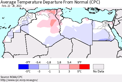 North Africa Average Temperature Departure from Normal (CPC) Thematic Map For 2/22/2021 - 2/28/2021
