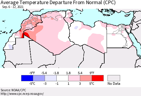 North Africa Average Temperature Departure from Normal (CPC) Thematic Map For 9/6/2021 - 9/12/2021