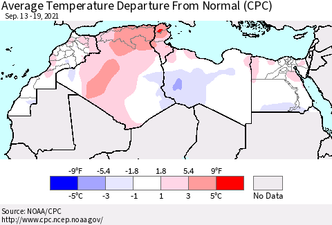 North Africa Average Temperature Departure from Normal (CPC) Thematic Map For 9/13/2021 - 9/19/2021