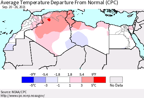 North Africa Average Temperature Departure from Normal (CPC) Thematic Map For 9/20/2021 - 9/26/2021