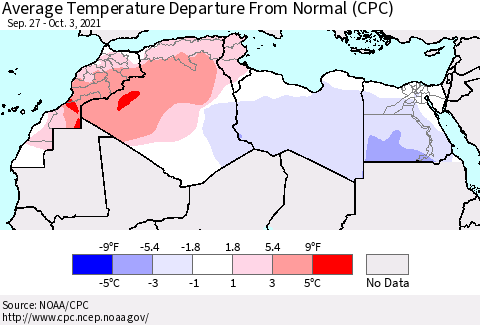 North Africa Average Temperature Departure from Normal (CPC) Thematic Map For 9/27/2021 - 10/3/2021