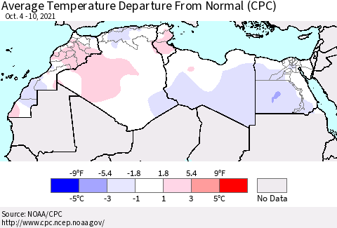 North Africa Average Temperature Departure from Normal (CPC) Thematic Map For 10/4/2021 - 10/10/2021