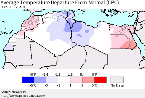 North Africa Average Temperature Departure from Normal (CPC) Thematic Map For 10/11/2021 - 10/17/2021