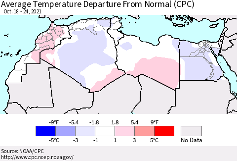 North Africa Average Temperature Departure from Normal (CPC) Thematic Map For 10/18/2021 - 10/24/2021