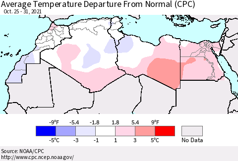 North Africa Average Temperature Departure from Normal (CPC) Thematic Map For 10/25/2021 - 10/31/2021