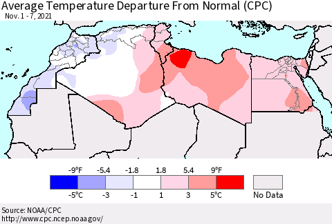 North Africa Average Temperature Departure from Normal (CPC) Thematic Map For 11/1/2021 - 11/7/2021