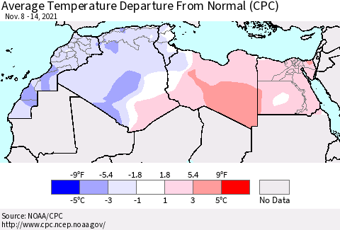 North Africa Average Temperature Departure from Normal (CPC) Thematic Map For 11/8/2021 - 11/14/2021
