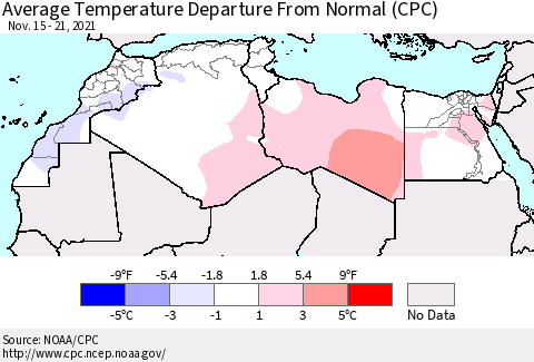 North Africa Average Temperature Departure from Normal (CPC) Thematic Map For 11/15/2021 - 11/21/2021