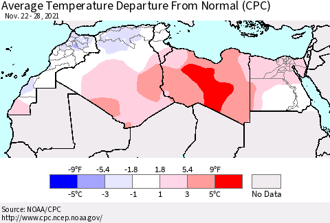 North Africa Average Temperature Departure from Normal (CPC) Thematic Map For 11/22/2021 - 11/28/2021