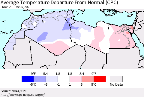 North Africa Average Temperature Departure from Normal (CPC) Thematic Map For 11/29/2021 - 12/5/2021