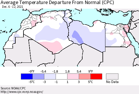 North Africa Average Temperature Departure from Normal (CPC) Thematic Map For 12/6/2021 - 12/12/2021