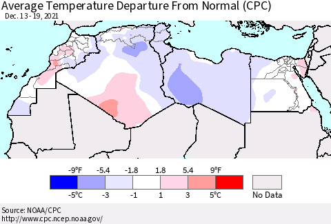 North Africa Average Temperature Departure from Normal (CPC) Thematic Map For 12/13/2021 - 12/19/2021